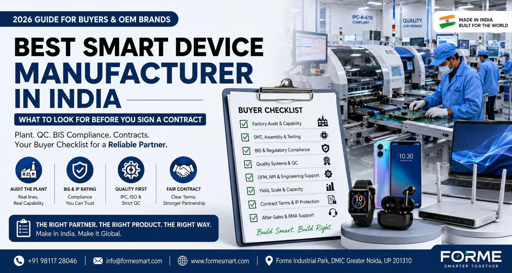 Buyer checklist for the best smart device manufacturer in India covering plant audit, BIS, QC and contract terms